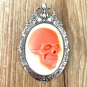 Pink and White Skull Cameo Brooch Pendant, NWT, Handmade